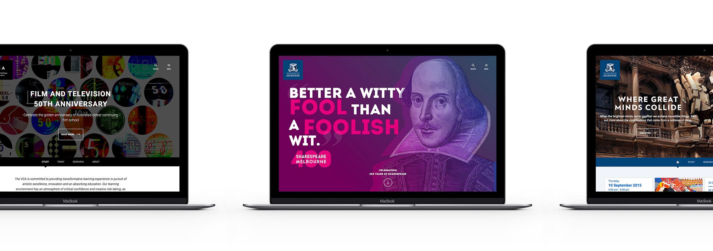 Several laptops with different unimelb websites